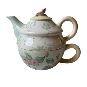 Capriware Ceramic Teapot Tea For One Ivory Pink Roses